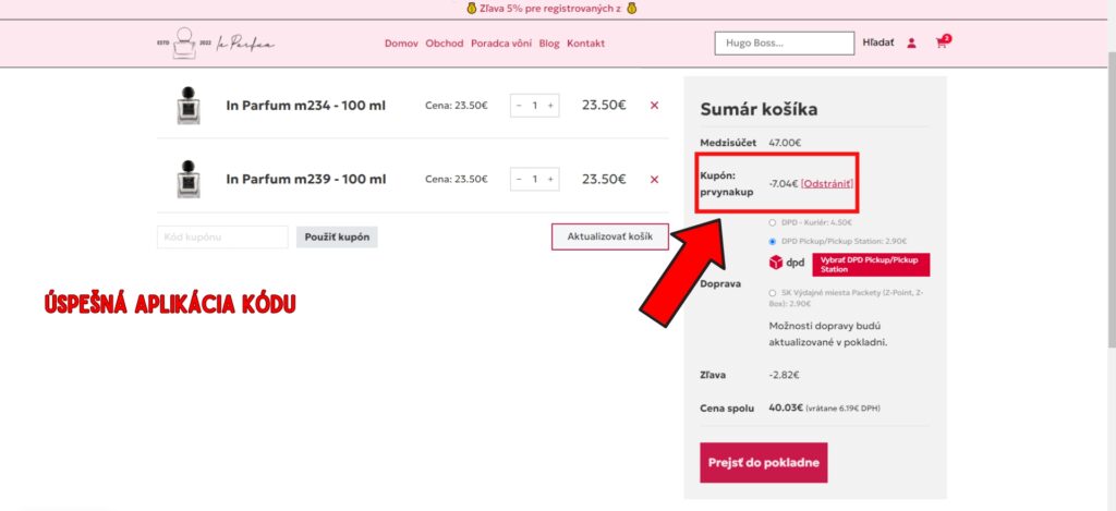 Ako uplatniť zľavový kód?-úspešná aplikácia kódu. 